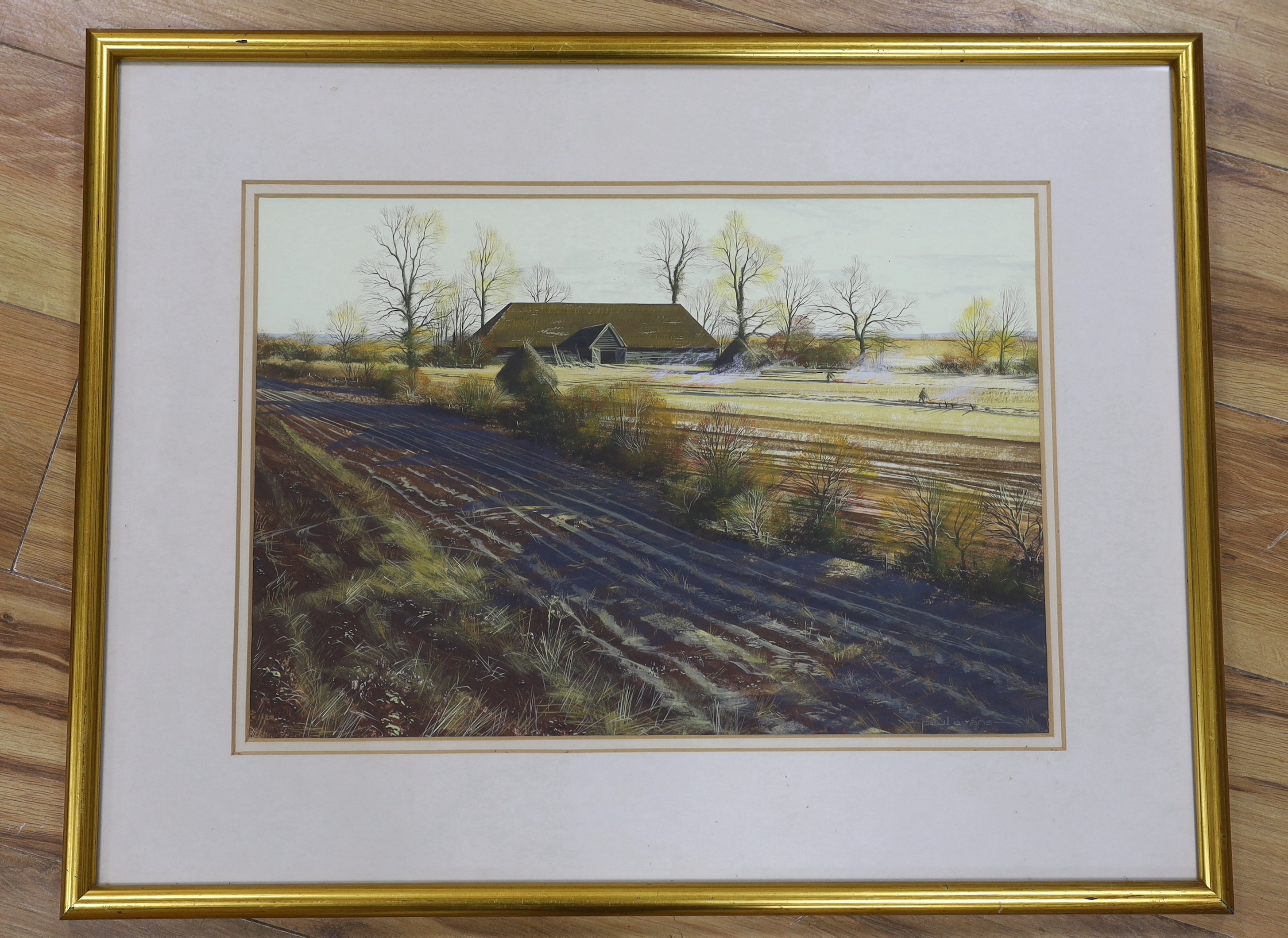 Paul Evans (b.1950) gouache, Threshing barn in autumn landscape, signed, 48.5cm x 33.5cm